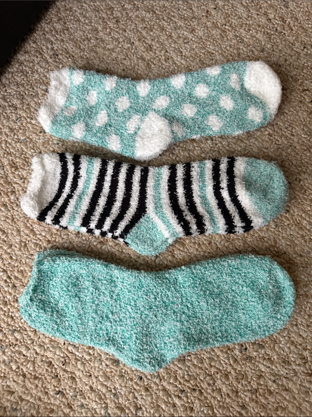 Cozy Mint & White Fuzzy Socks Trio - Women's Plush Lounge Socks